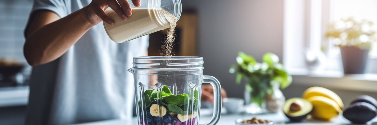 Person adding vegan protein powder to a smoothie.