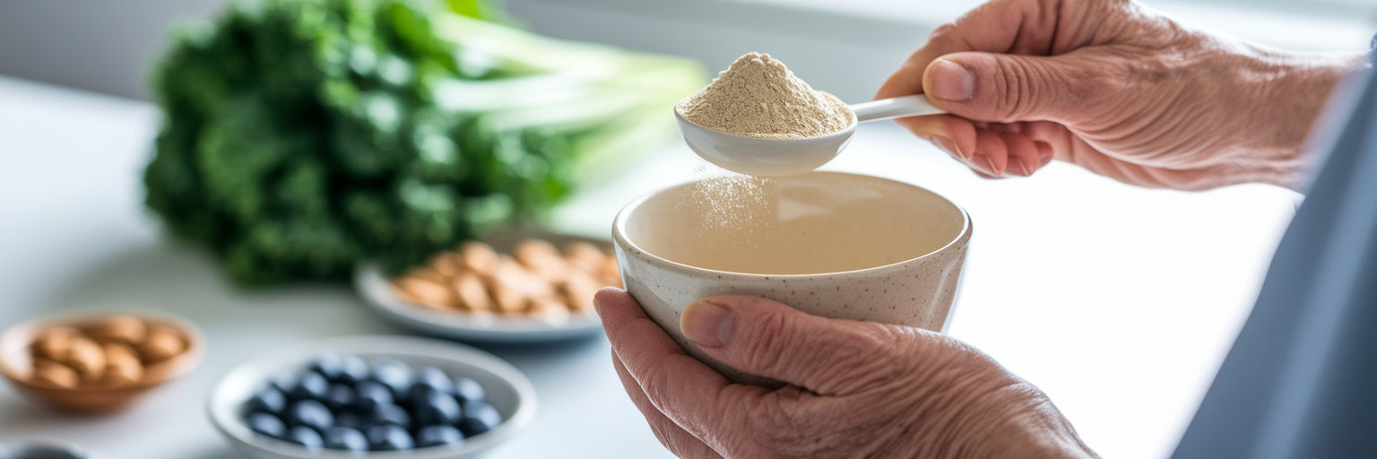Hands scooping vegan protein powder into blender.