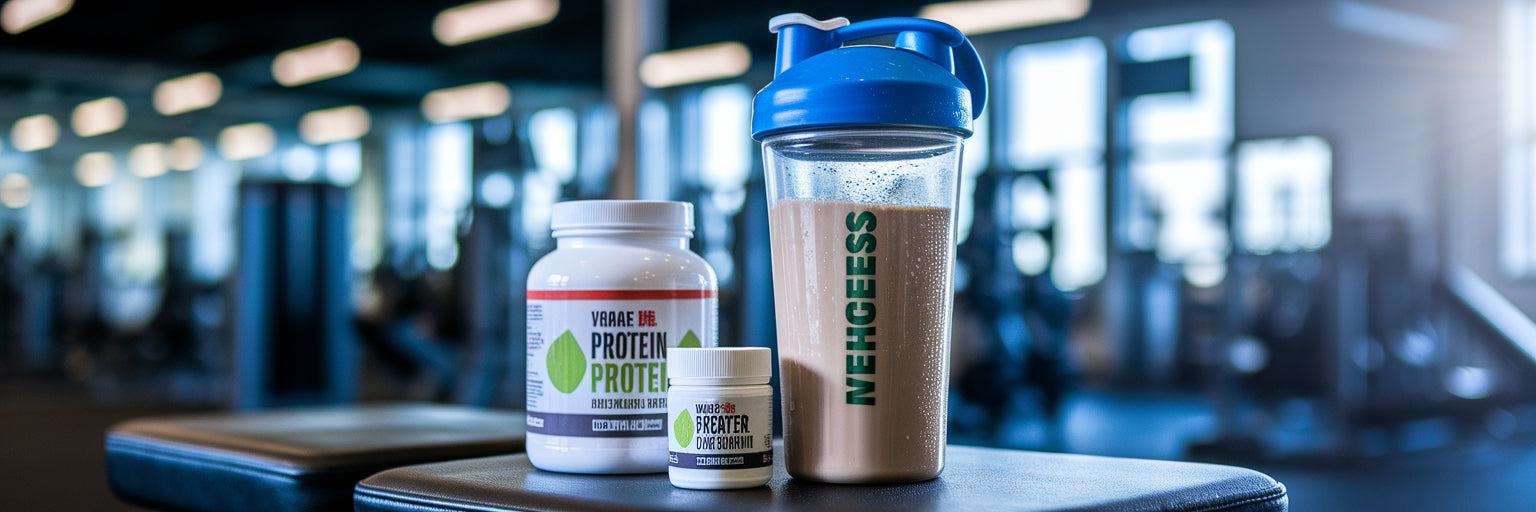 Vegan protein and creatine shake at the gym.