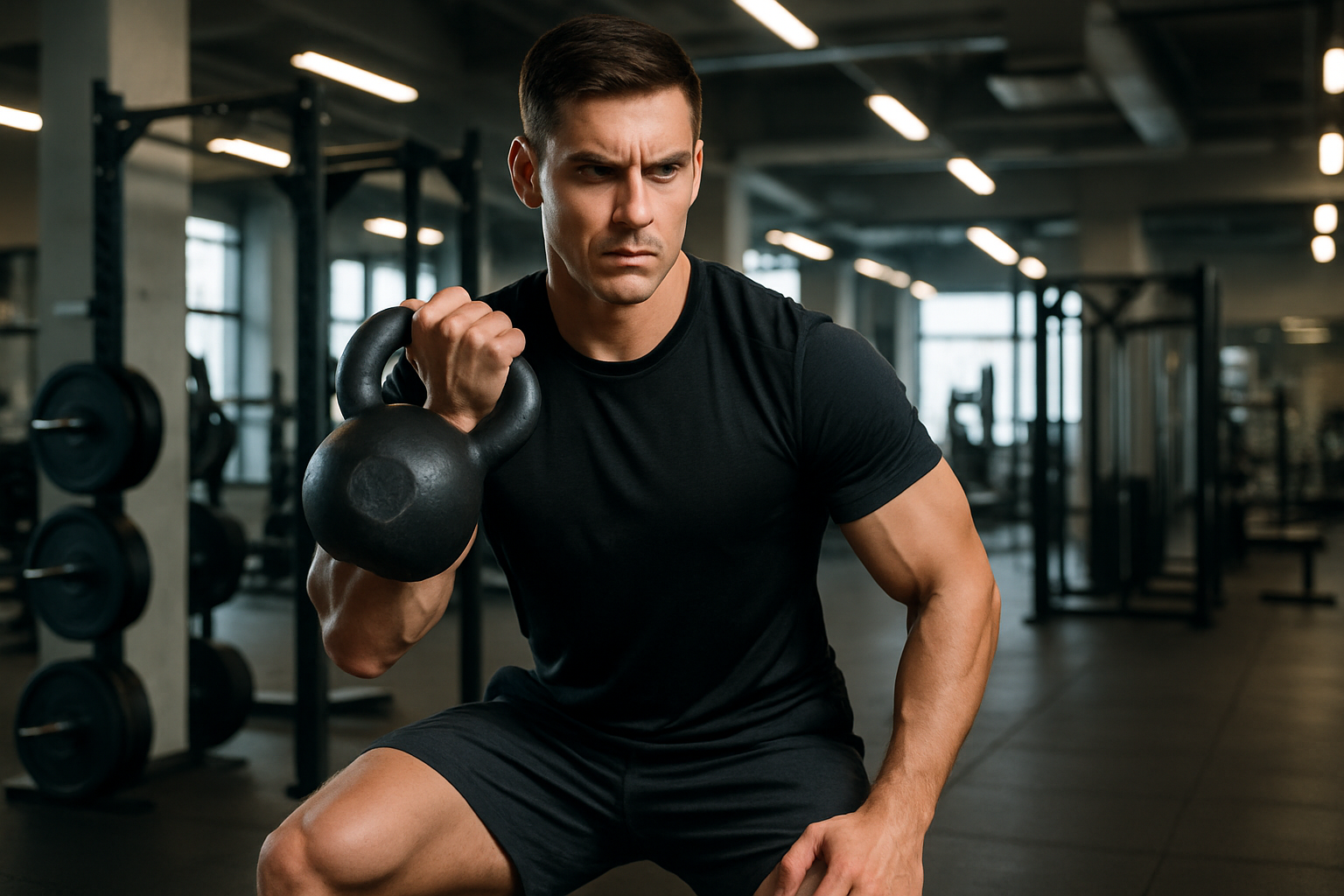 A male athlete holding a kettlebelt