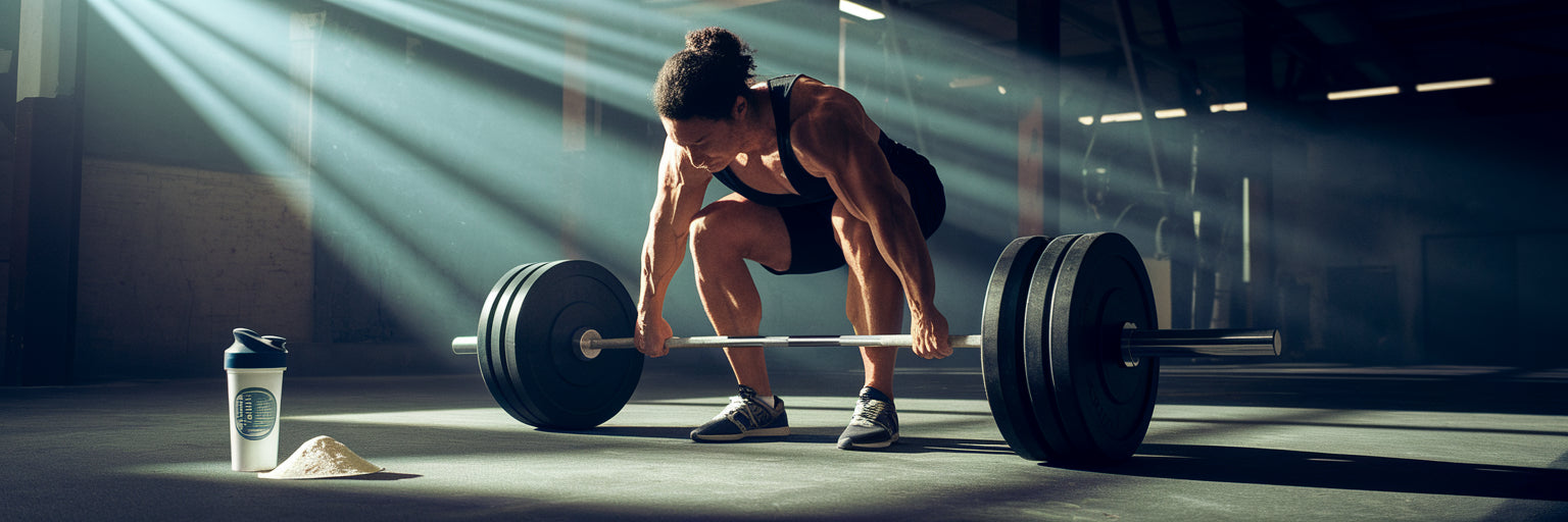 Athlete performing deadlift in gritty gym.