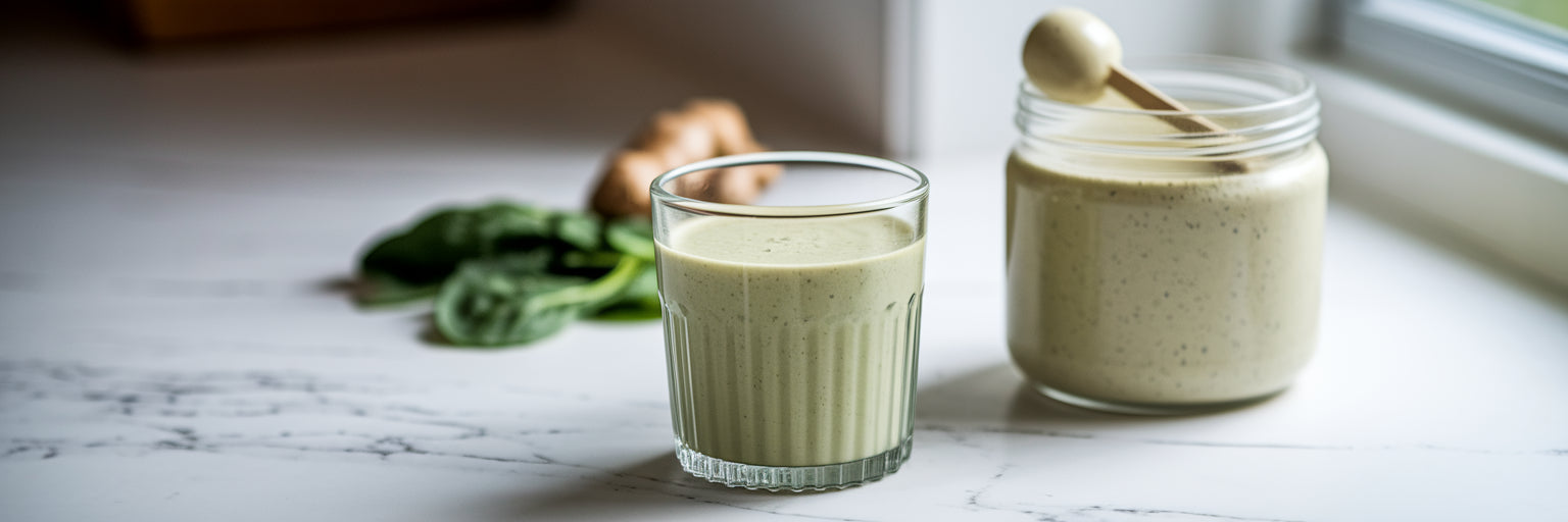 Vegan protein smoothie on kitchen counter