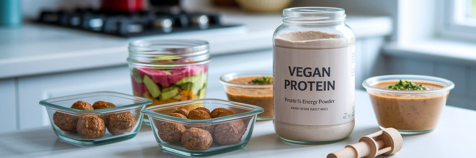 Vegan protein powder and prepared meal containers