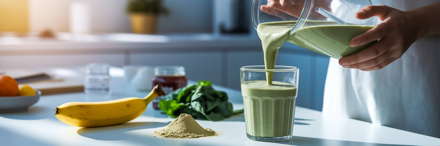 Pouring a green vegan protein smoothie.