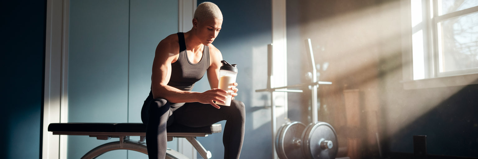 Person holding a post-workout protein shake.