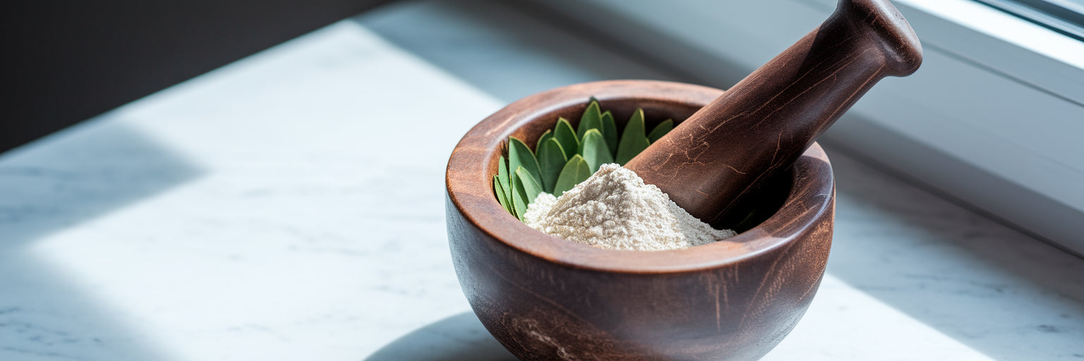 Mortar and pestle with creatine powder.