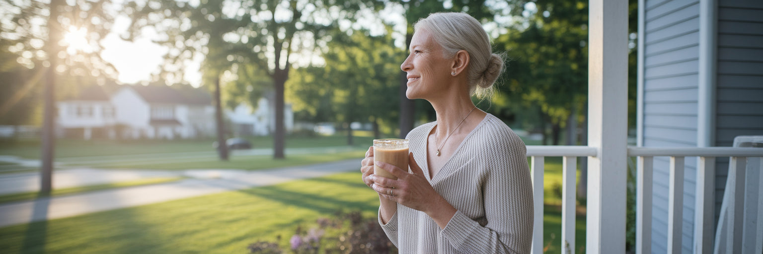 Woman enjoying a healthy drink on her porch.