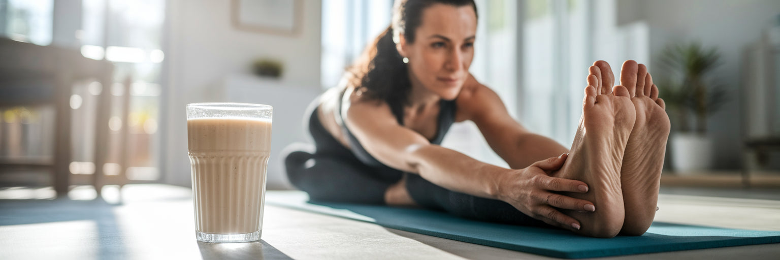 Woman stretching with a vegan protein shake.