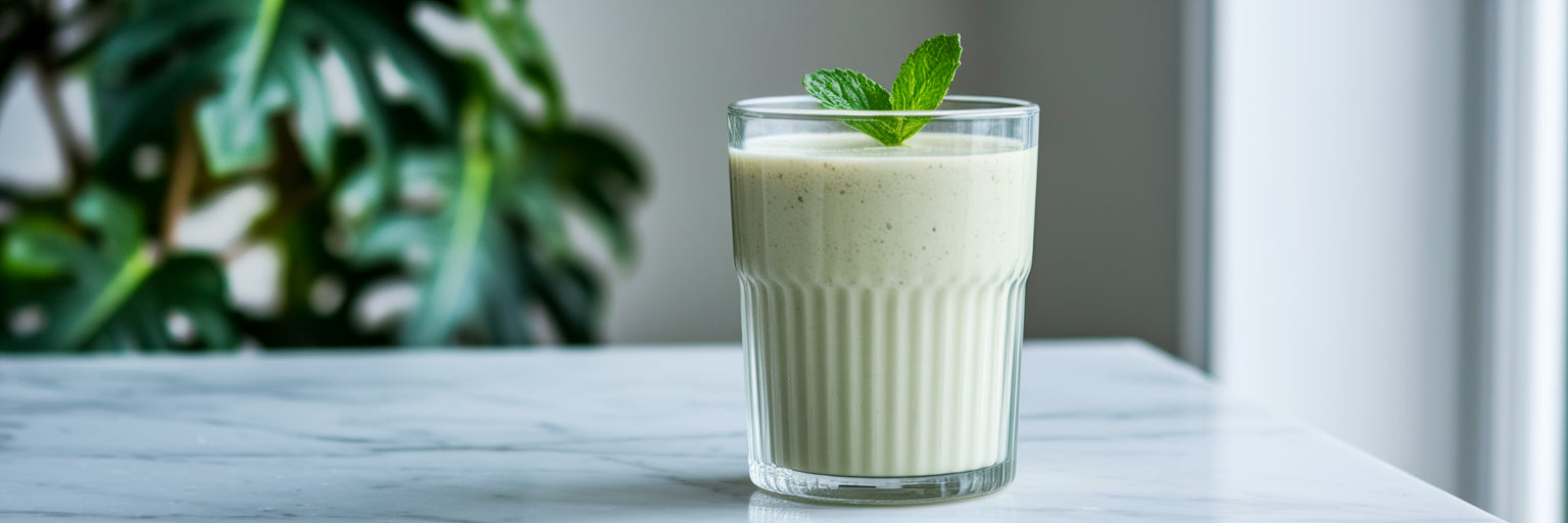 Glass of smooth vegan protein shake.
