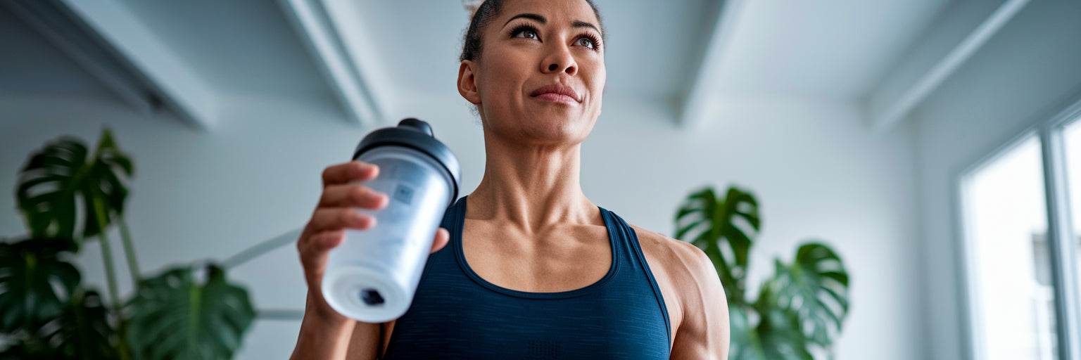 Person holding shaker after a workout.