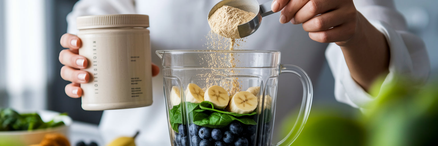Scooping vegan protein powder into blender.