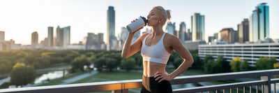 Person drinking vegan protein shake before workout.