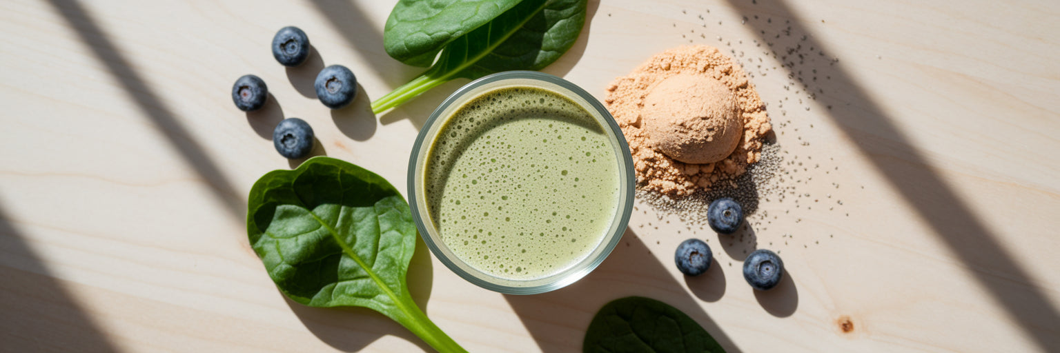 Healthy vegan protein shake with ingredients.