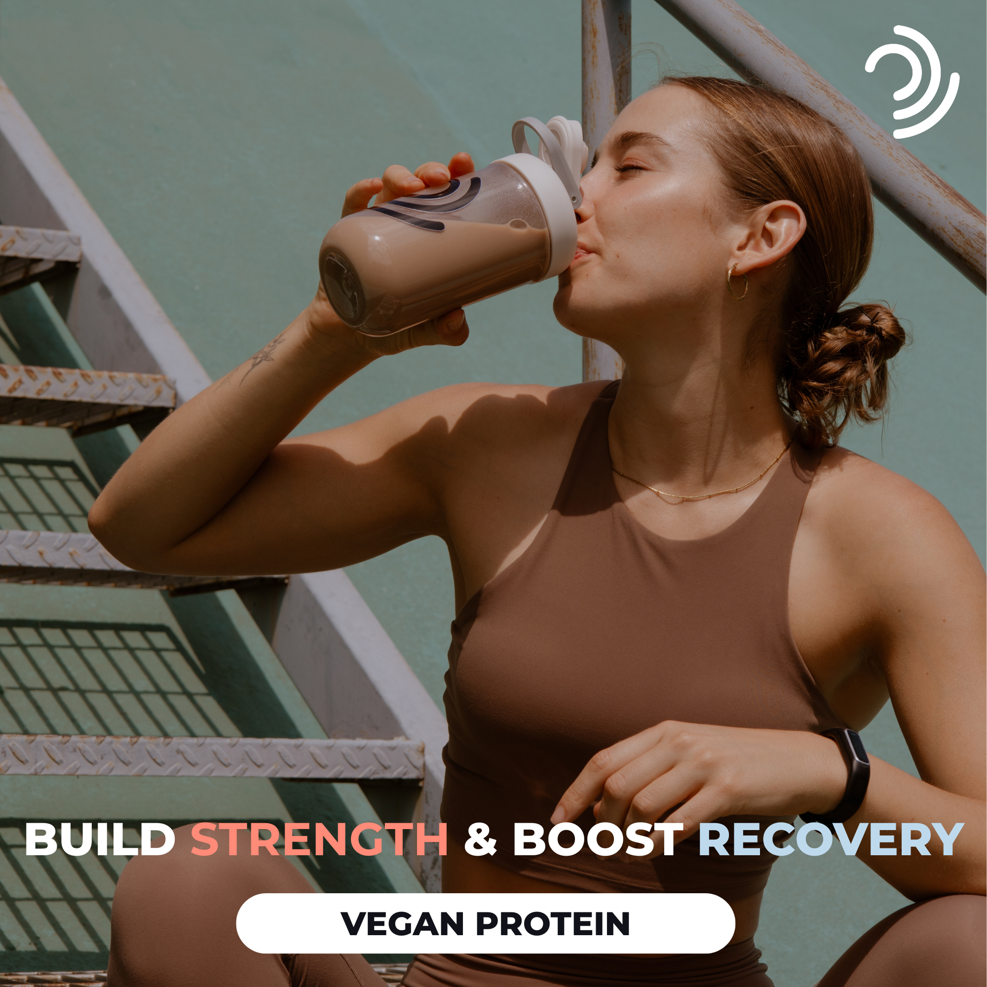 Woman drinking Beyond Good Foods protein shake with text promoting vegan protein for strength and recovery.