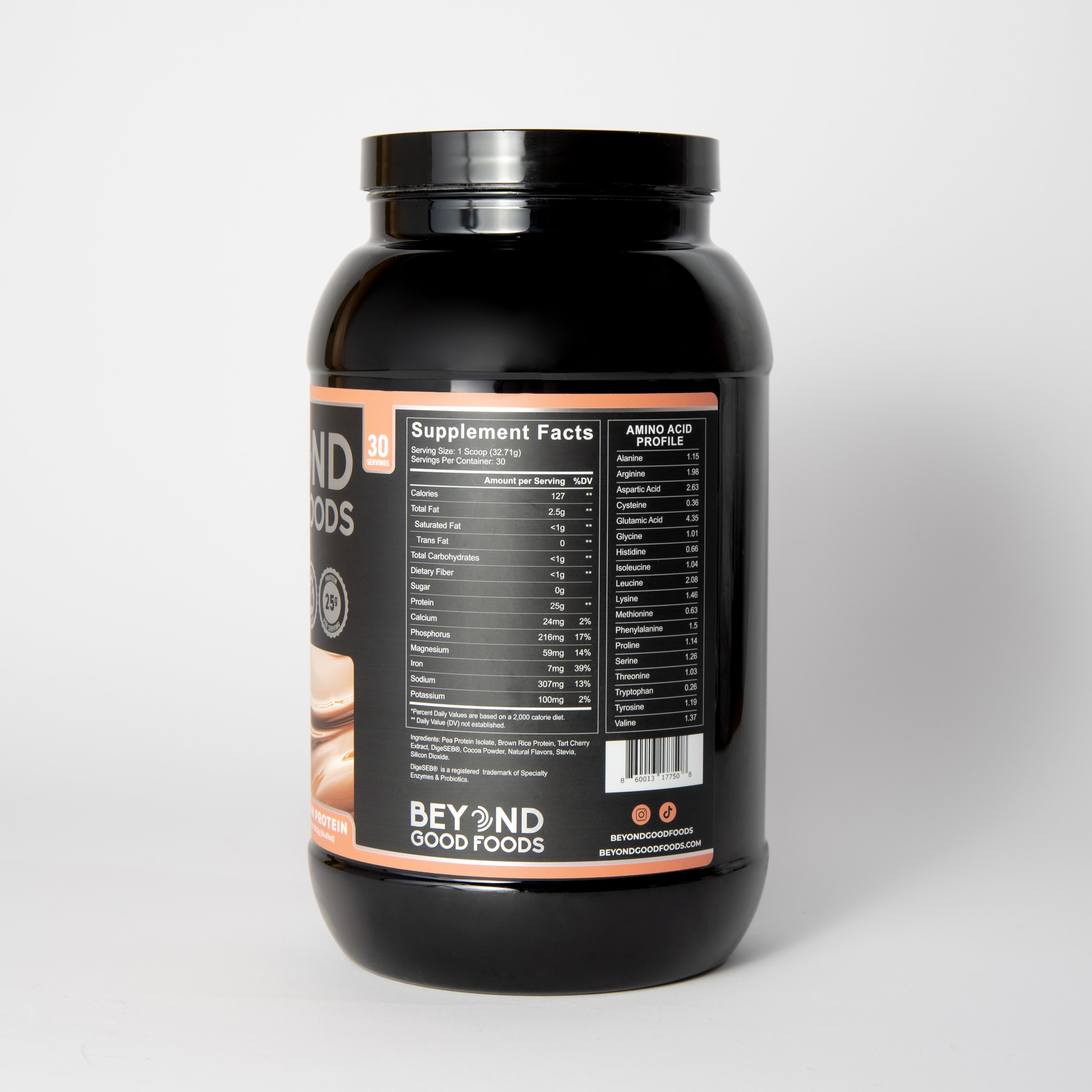 Beyond Good Foods protein powder showing supplement facts