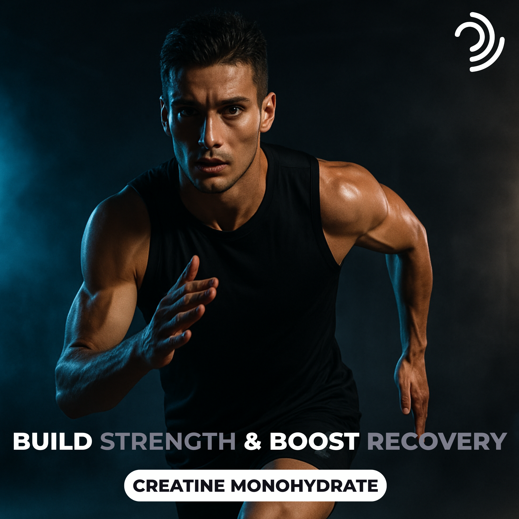 Man running with text 'Build Strength & Boost Recovery' and 'Creatine Monohydrate' on a dark background