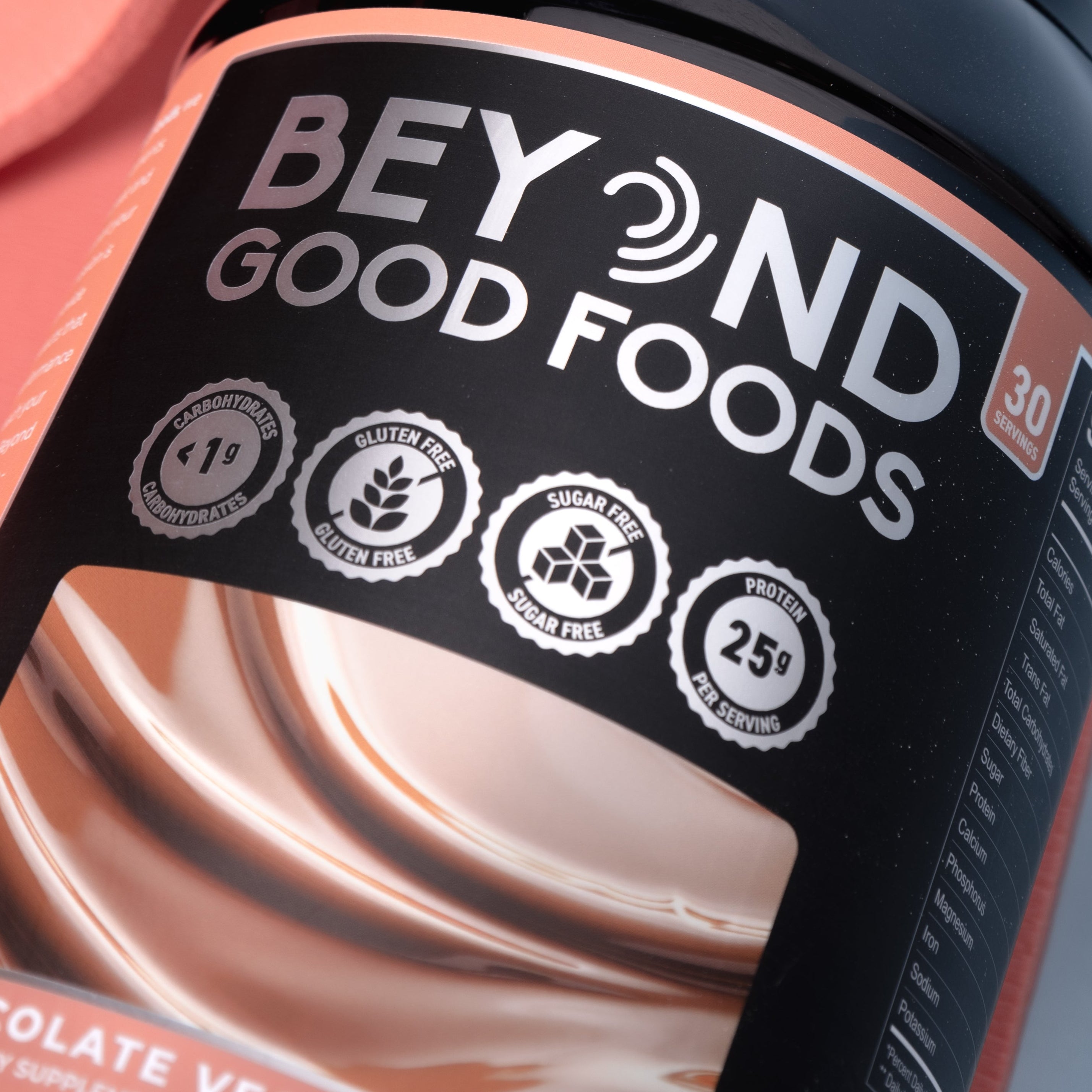 Beyond Good Foods chocolate vegan protein powder on a pink background