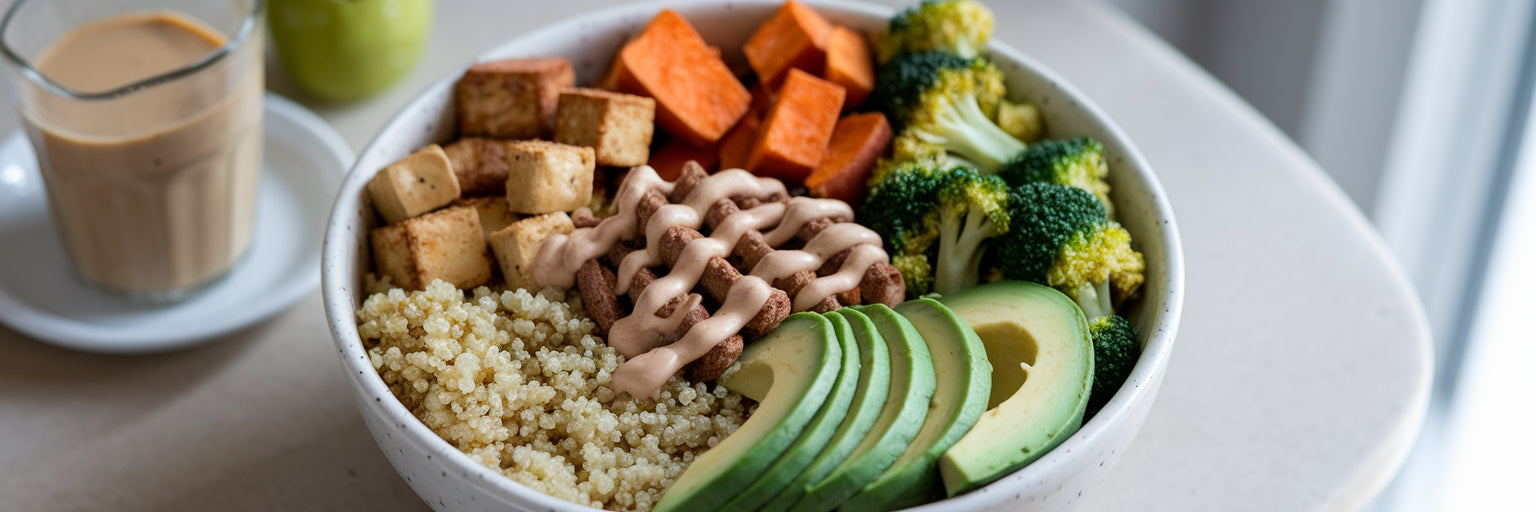 High protein vegan quinoa power bowl.
