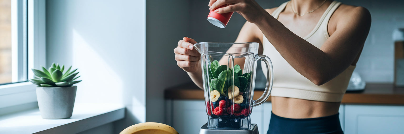 Person making a vegan protein smoothie.