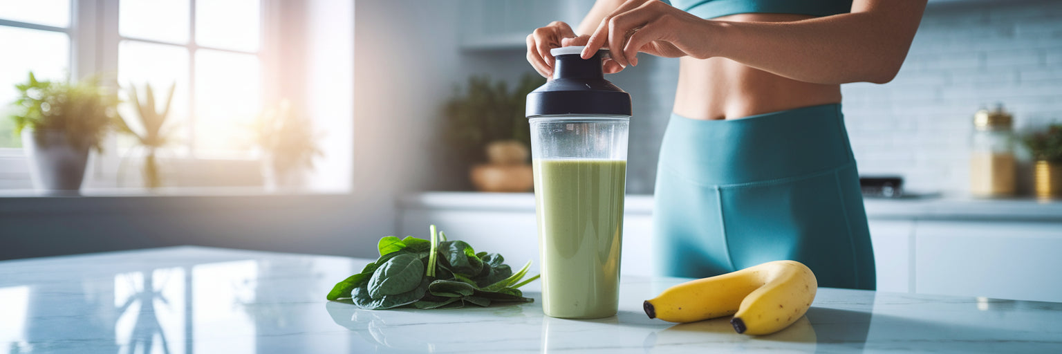 Person preparing a vegan protein smoothie.