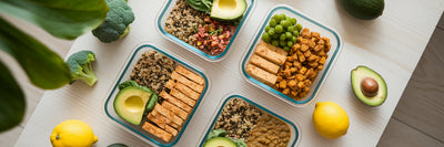 Assortment of vegan meal prep containers.