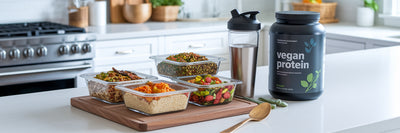 High-protein vegan meal prep containers on kitchen counter