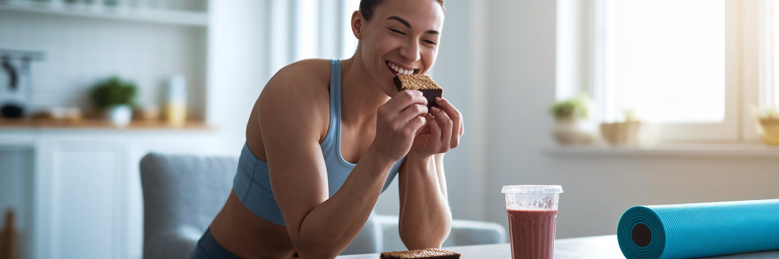 Person enjoying a vegan snack after workout.