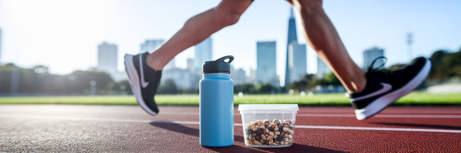 Vegan athlete running with on-the-go fuel.