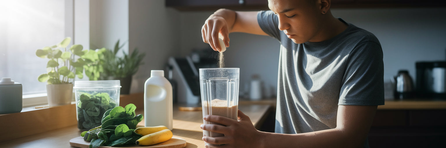 College athlete making vegan protein smoothie