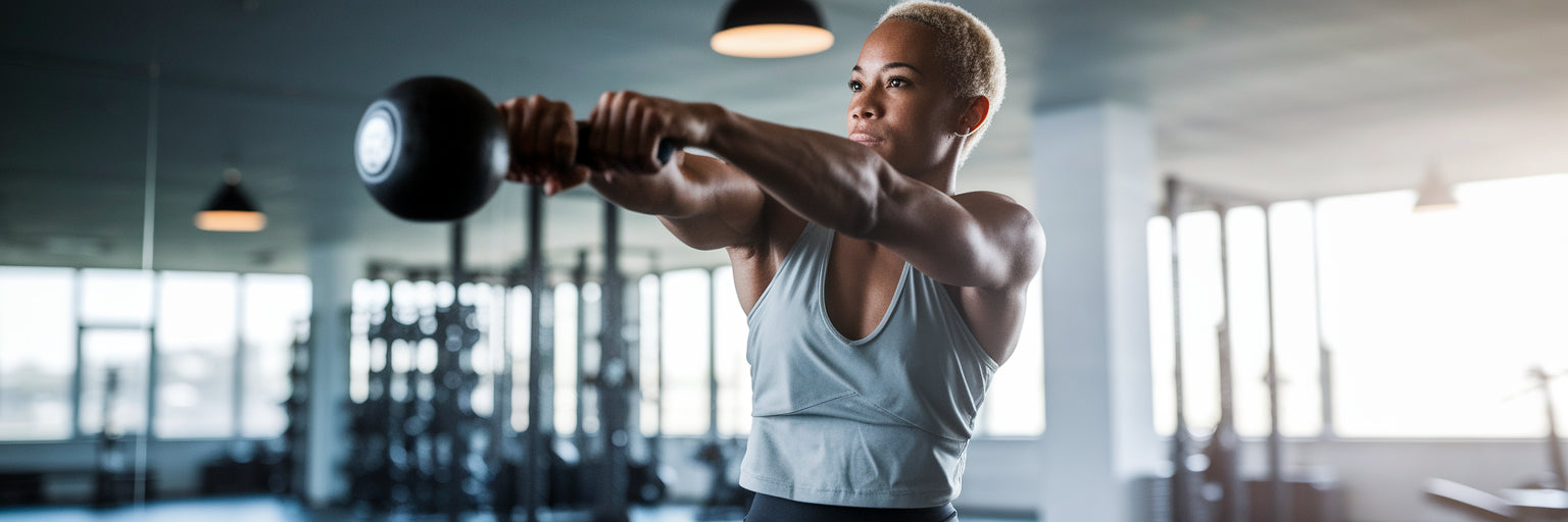 CrossFit athlete performing a kettlebell swing.