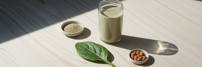 Healthy vegan protein shake on kitchen counter