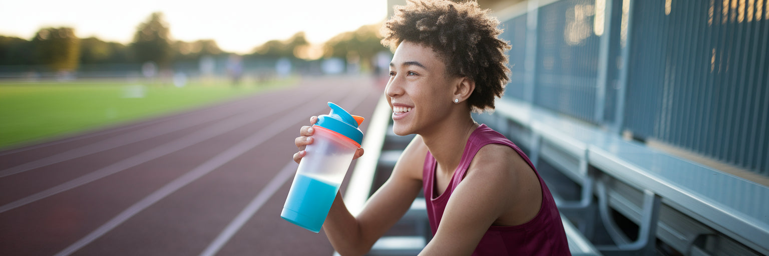 Teen athlete drinking protein shake post-workout.