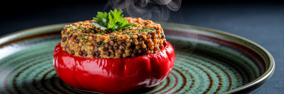 High-protein vegan stuffed pepper on plate.
