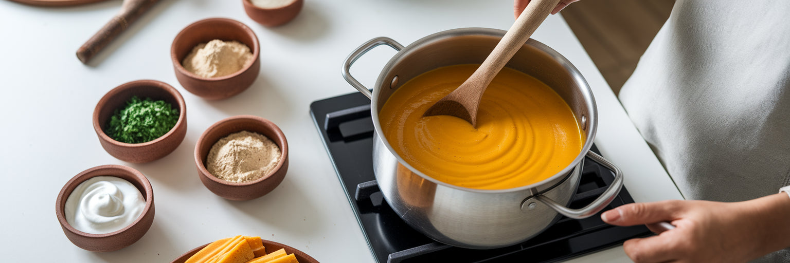 Stirring a pot of vegan soup.