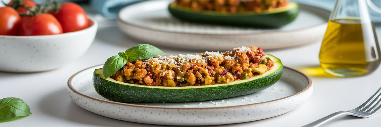 High-protein vegan stuffed zucchini boat.