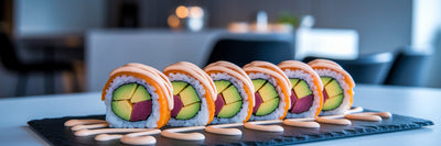 Plated high-protein vegan sushi roll.