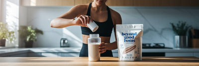 Vegan athlete preparing a creatine protein shake.