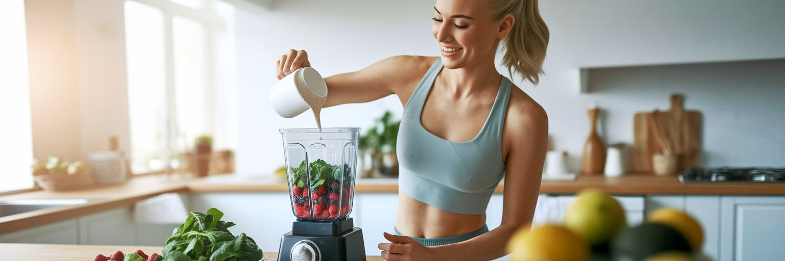 Woman making a healthy vegan protein shake.