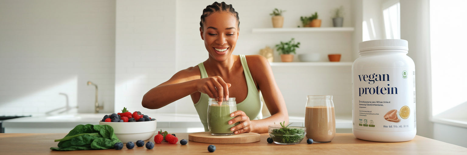 Woman smiling while making a healthy protein shake.