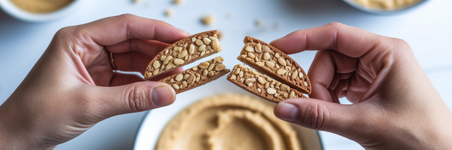 Hands breaking a homemade vegan protein cracker