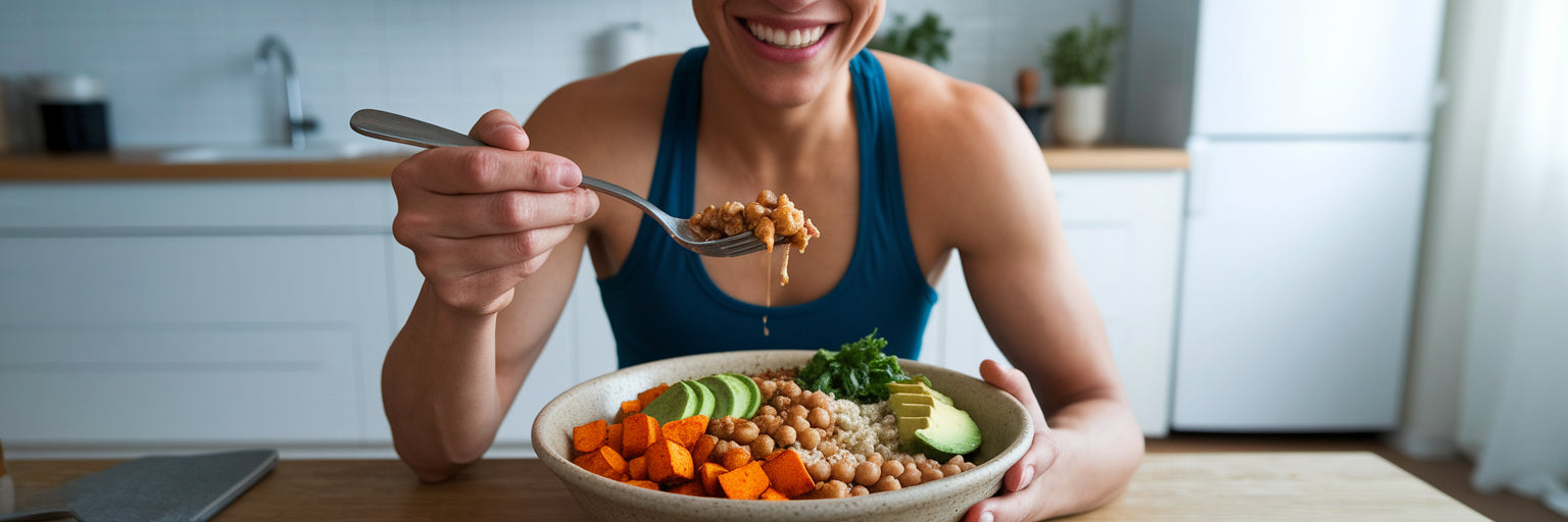 Fit person enjoying a healthy vegan bowl
