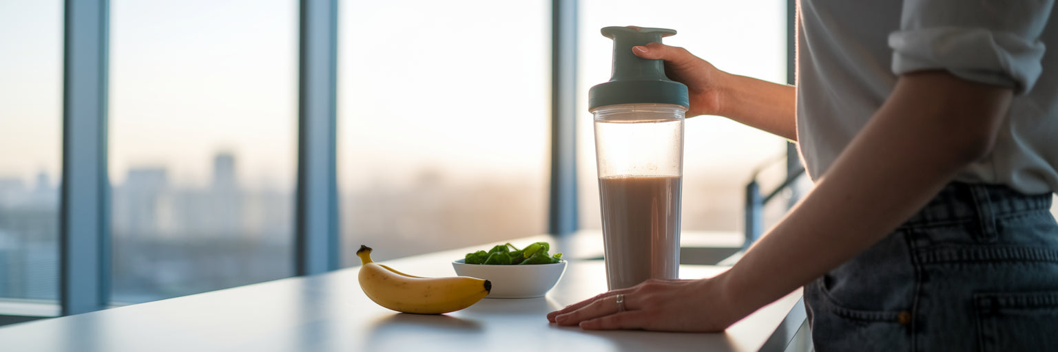 Person preparing vegan protein shake in office