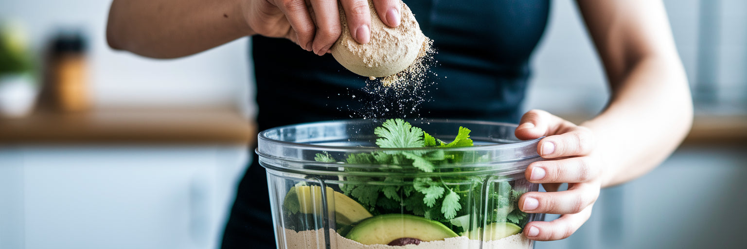Adding vegan protein powder to a dip.