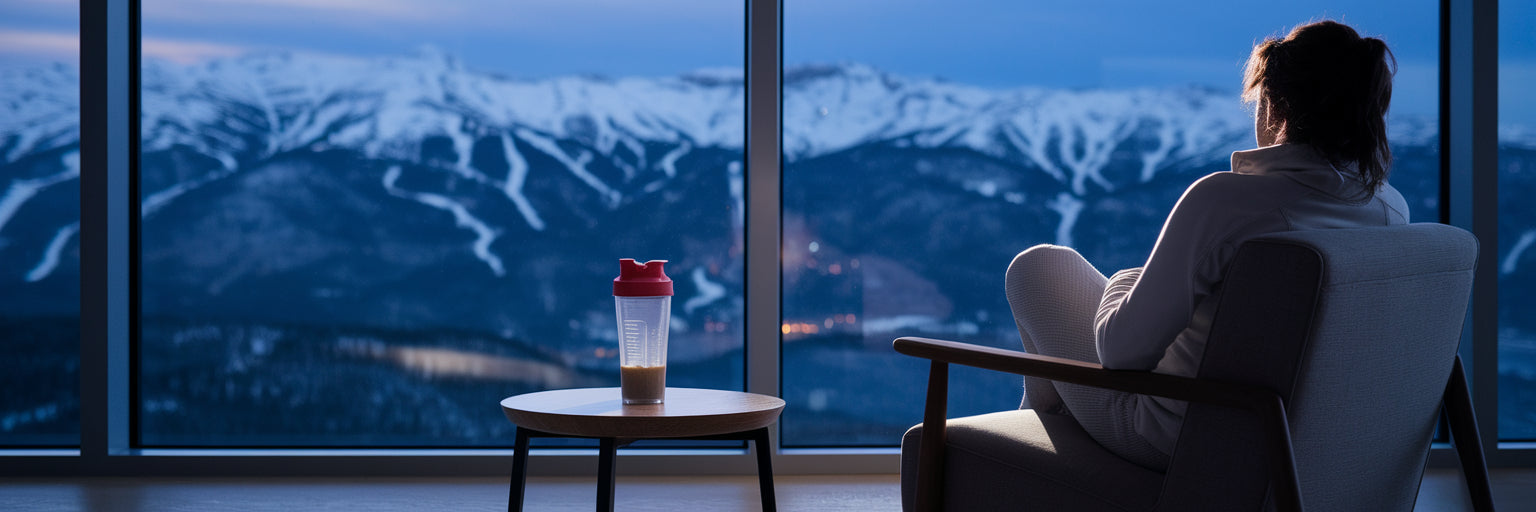 Person relaxing after skiing with protein shake.