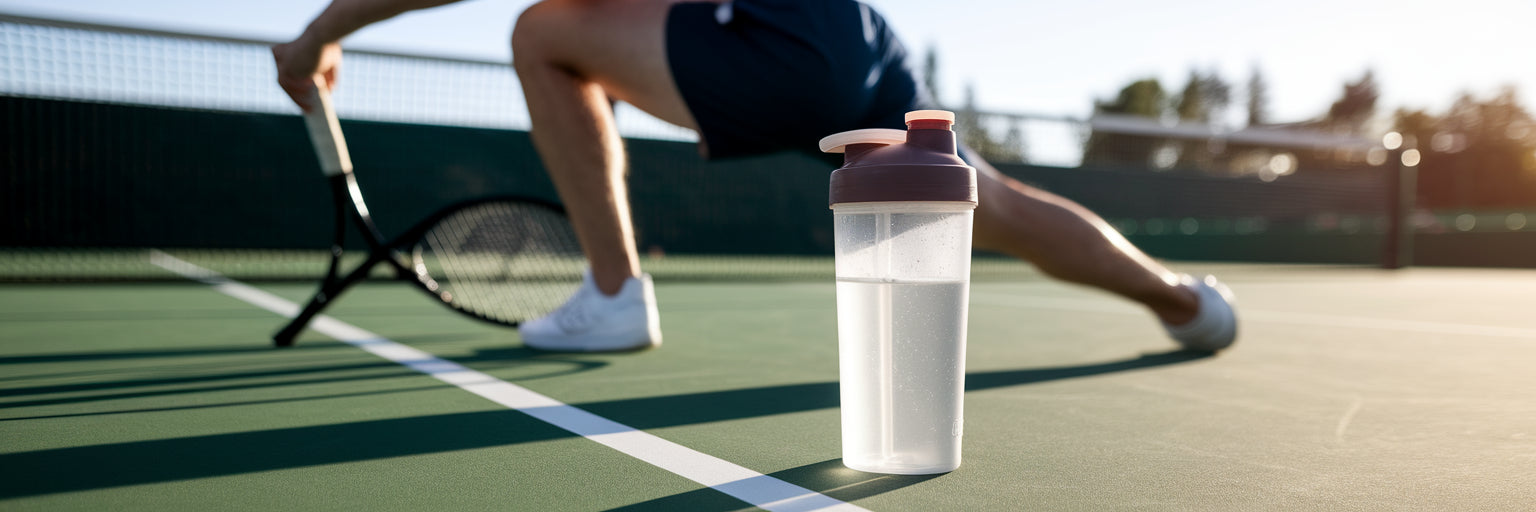 Tennis player recovering with protein shake.