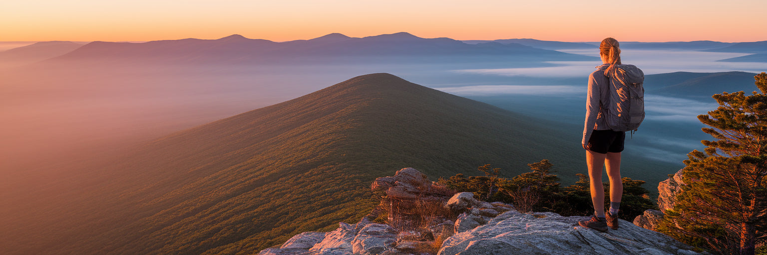 Hiker enjoying a scenic mountain sunrise.