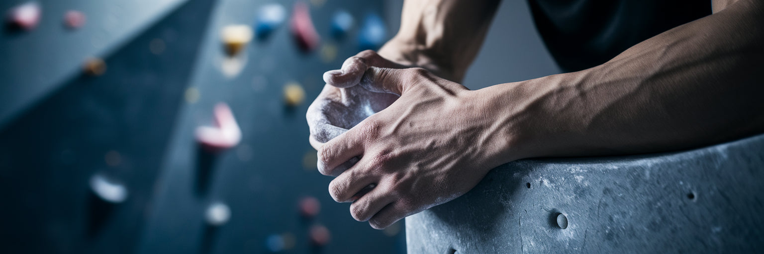 Chalked hands resting on climbing hold