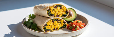 High-protein vegan breakfast burrito sliced