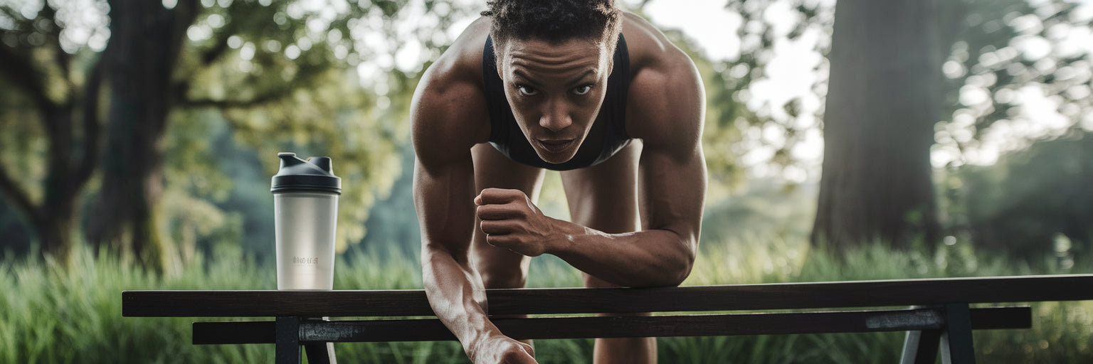 Athlete reaching for vegan protein shake.