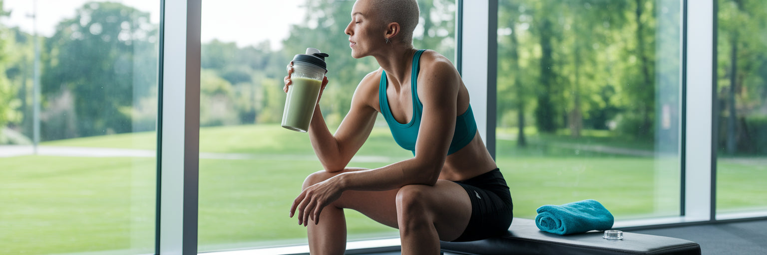 Athlete recovering with a protein shake.